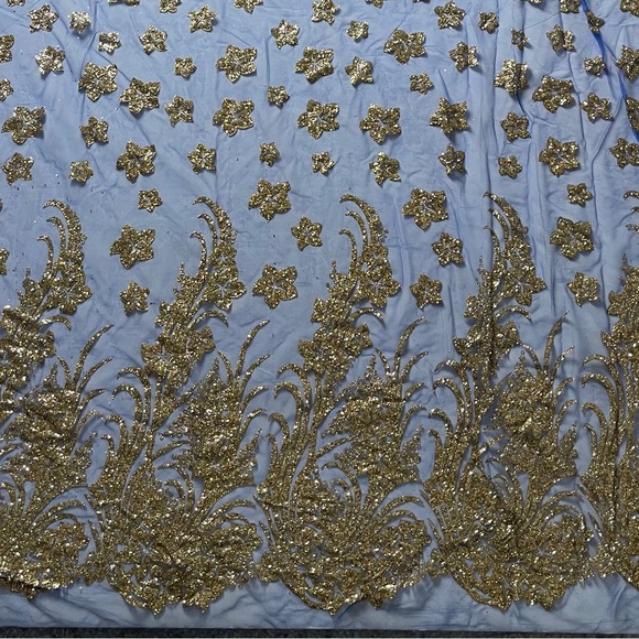 Blue and Gold Metallic Appliqué Star Print Sheer Mesh Fabric - Picture 3 of 5